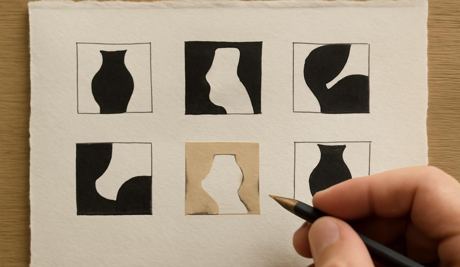 Small studies focusing on the spaces between shapes, some in silhouette and some with cut-paper