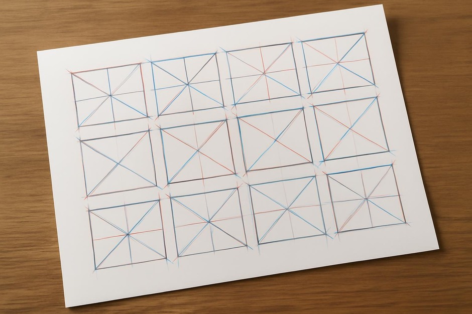 A page of thumbnails overlaid with different grids and diagonal guides
