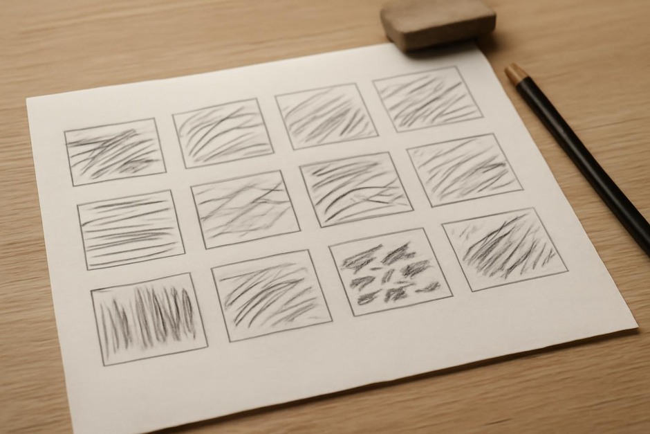 A sheet of small thumbnail sketches with varied mark rhythms