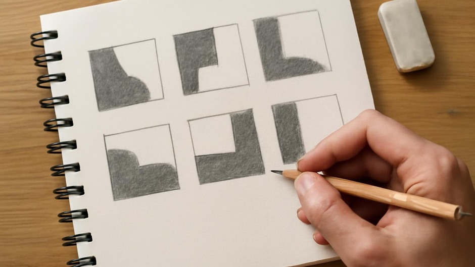 Thumbnail sketches showing different balances of dark shapes and open space