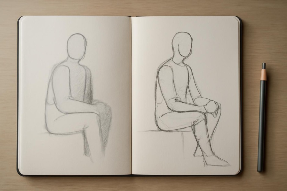 Side-by-side thumbnails showing blocked shapes and edge-focused sketches