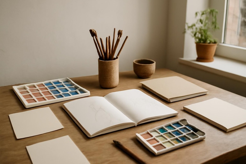Abstract art desk with color swatches, brush marks, and sketchbook studies.