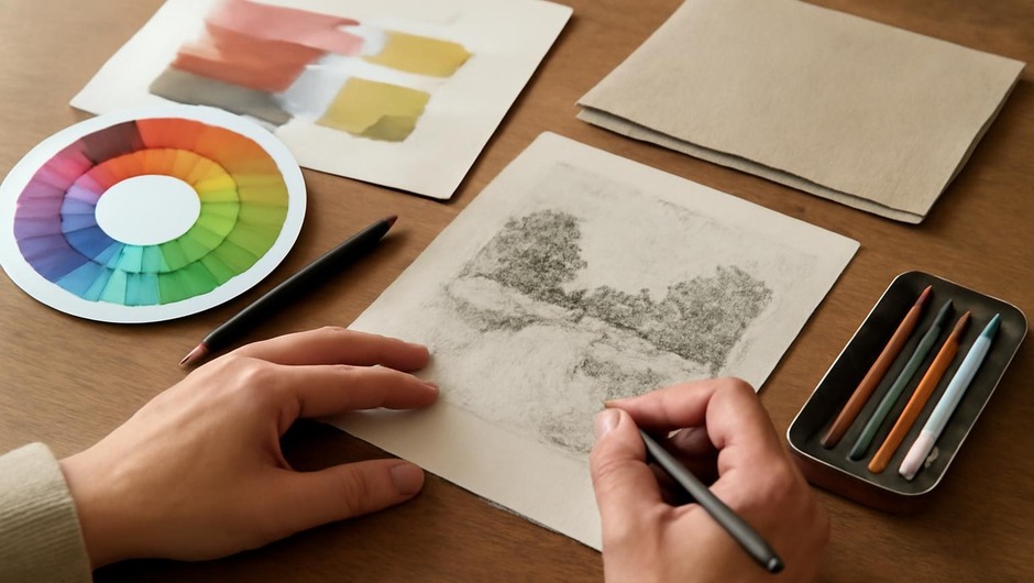 Bright studio image with paint textures, paper layers, and geometric color blocks.